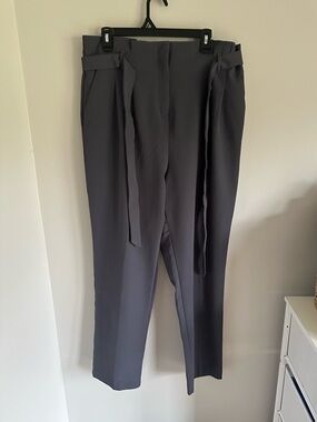 High-Waist Tie Belt Grey Trousers